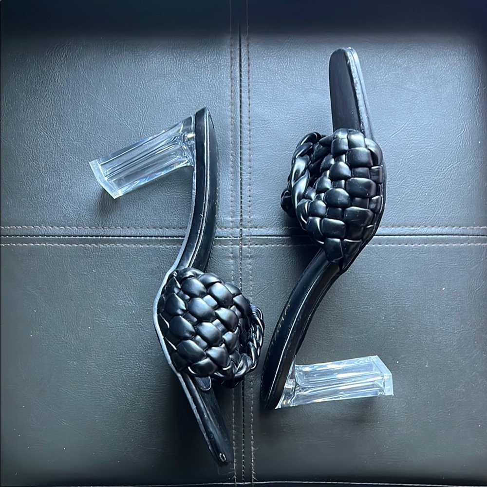 Liliana | Black Mules Slides Sandals with Clear Lucite Heels Size 10